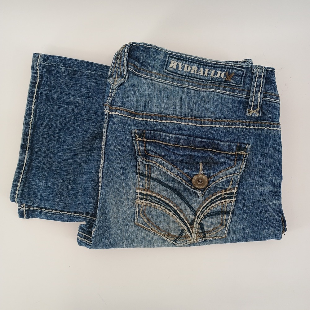 Hydraulic Capri Jeans Womens 9/10 Blue Embroidered Flap Pocket Y2K Denim Crop